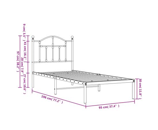 Cadru de pat metalic cu tăblie, alb, 90x190 cm, 9 image