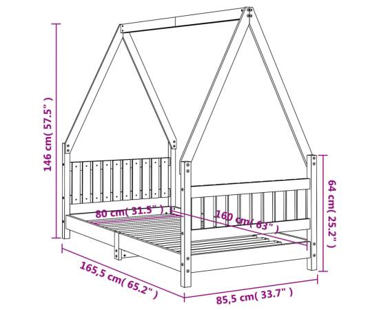 Cadru de pat pentru copii, 80x160 cm, lemn masiv de pin, 9 image