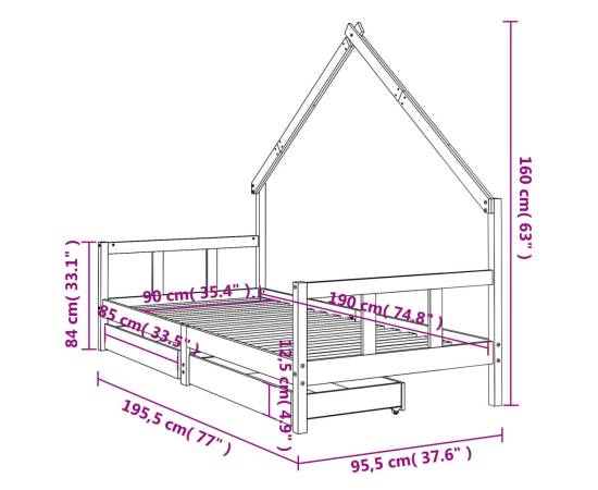 Cadru de pat pentru copii, alb, 90x190 cm, lemn masiv de pin, 10 image
