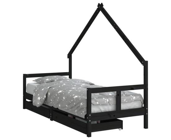Cadru pat copii cu sertare, negru, 80x200 cm, lemn masiv de pin, 2 image