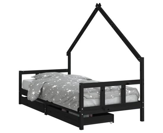 Cadru de pat copii cu sertare, negru, 90x190 cm, lemn masiv pin, 2 image