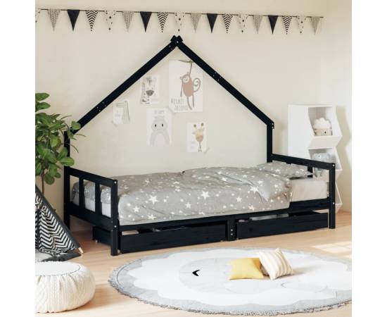 Cadru de pat copii cu sertare, negru, 90x200 cm, lemn masiv pin