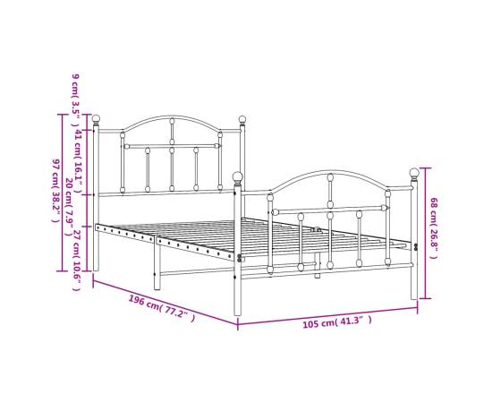 Cadru de pat metalic cu tăblie de cap/picioare, alb, 100x190 cm, 9 image