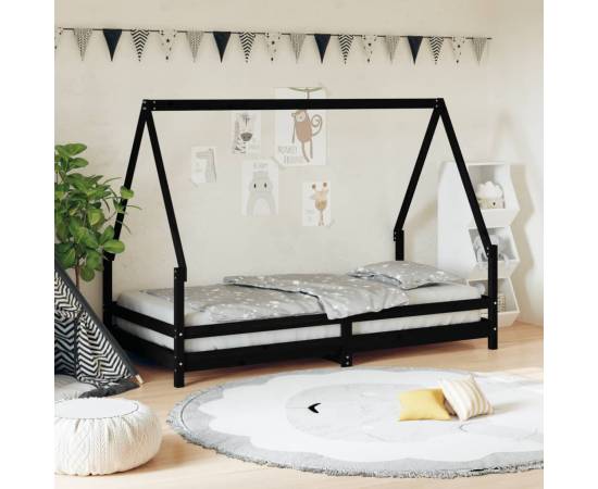 Cadru de pat pentru copii, negru, 90x190 cm, lemn masiv de pin
