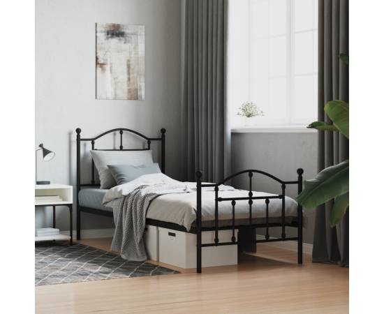 Cadru pat metalic cu tăblii de cap/picioare, negru, 90x190 cm