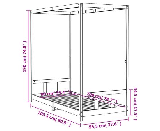 Cadru pat pentru copii, negru, 90x200 cm, lemn masiv de pin, 9 image