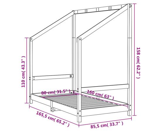 Cadru de pat pentru copii, negru, 80x160 cm, lemn masiv de pin, 9 image