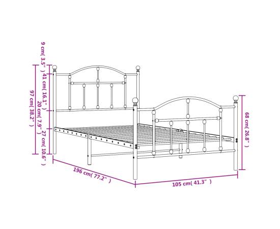 Cadru pat metalic cu tăblii de cap/picioare, negru, 100x190 cm, 9 image
