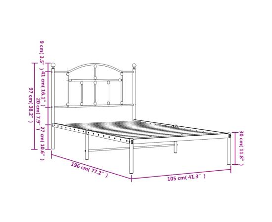 Cadru de pat metalic cu tăblie, alb, 100x190 cm, 9 image
