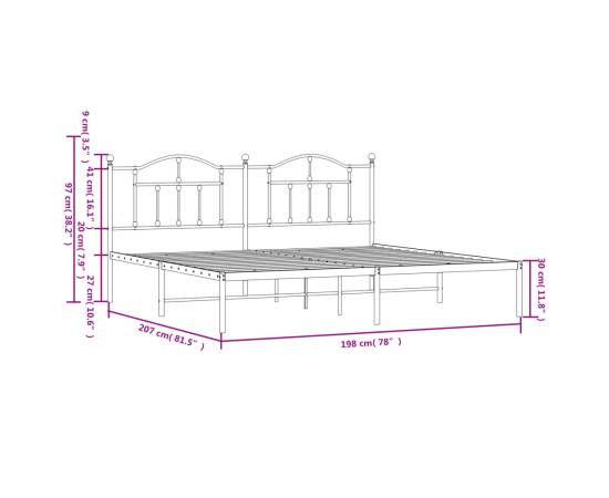 Cadru de pat metalic cu tăblie, alb, 193x203 cm, 9 image
