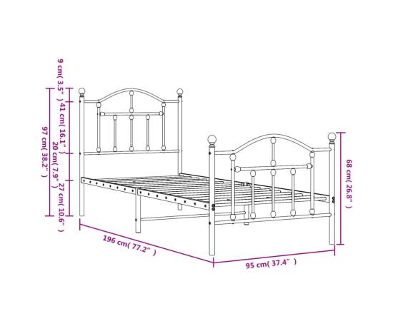Cadru de pat metalic cu tăblie de cap/picioare, alb, 90x190 cm, 9 image