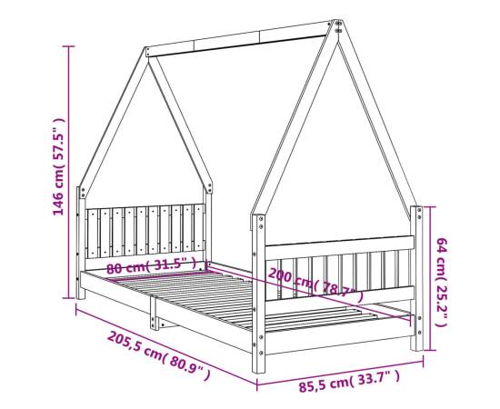 Cadru de pat pentru copii, negru, 80x200 cm, lemn masiv de pin, 9 image