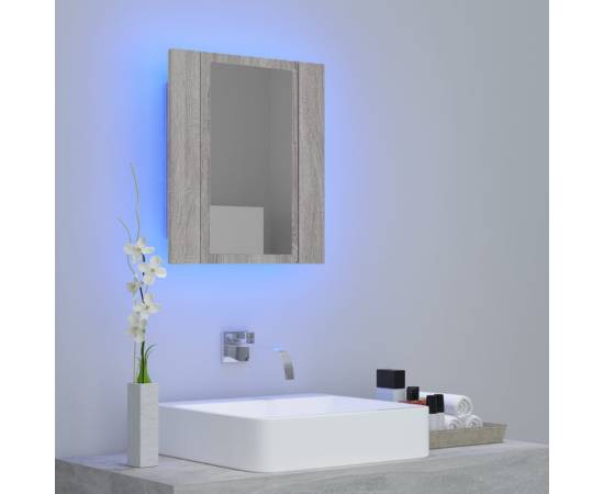 Dulap cu oglindă cu led de baie, gri sonoma, 40x12x45 cm, lemn, 5 image