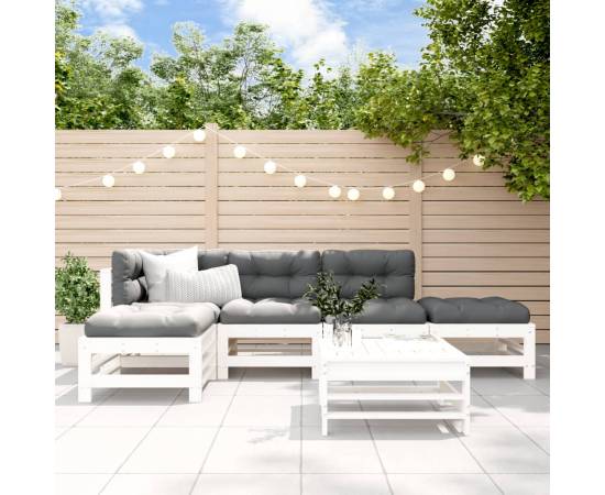 Set mobilier relaxare grădină&perne 6 piese alb lemn masiv pin