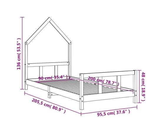 Cadru pat pentru copii, negru, 90x200 cm, lemn masiv de pin, 9 image