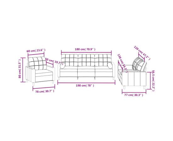 Set de canapele cu perne, 3 piese, gri închis, textil, 10 image