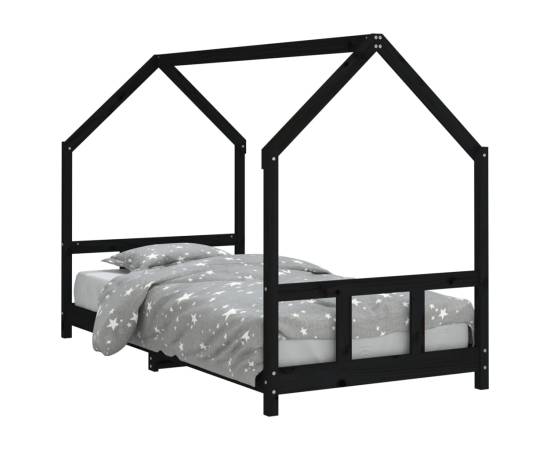 Cadru pat pentru copii, negru, 90x200 cm, lemn masiv de pin, 2 image