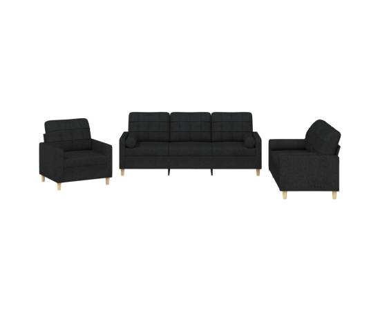 Set de canapele cu perne, 3 piese, negru, textil, 2 image