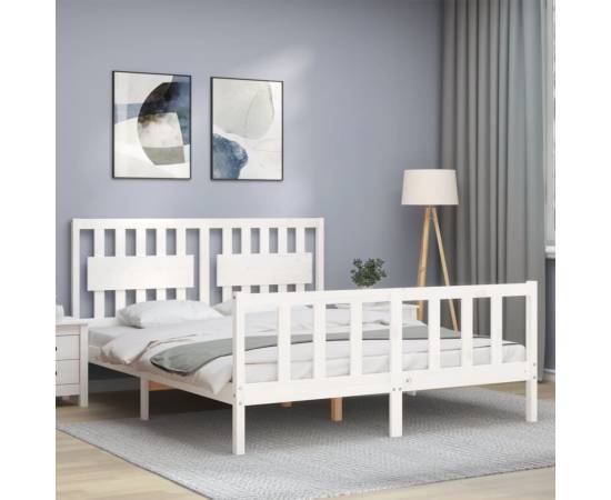Cadru de pat cu tăblie, alb, king size, lemn masiv, 3 image