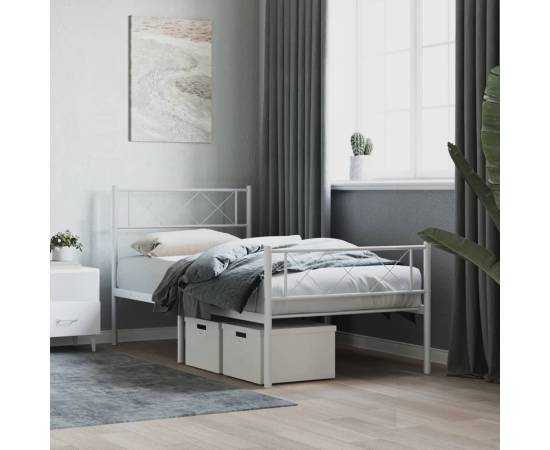 Cadru de pat metalic cu tăblie de cap/picioare, alb, 100x200 cm