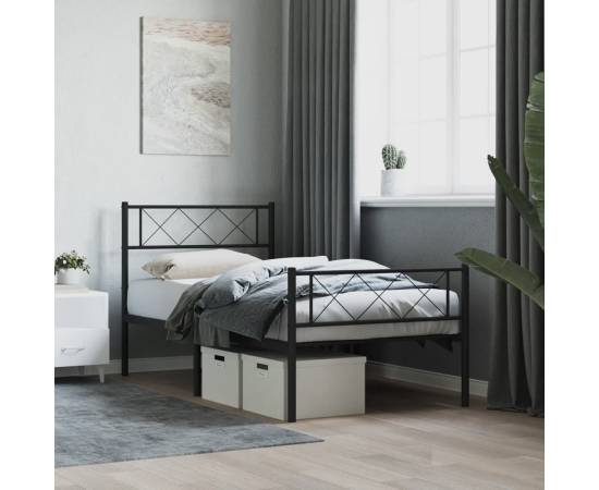 Cadru pat metalic cu tăblii de cap/picioare, negru, 100x200 cm