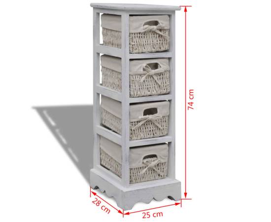Dulap de depozitare din lemn, 4 coșuri împletite, alb, 7 image