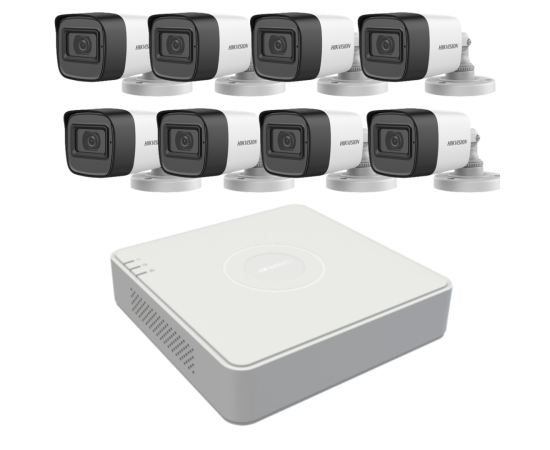 Kit de supraveghere cu 8 camere hikvision de 2 megapixeli, lentila 2.8mm, ir 30m, microfon, dvr cu 8 canale de 2 megapixeli