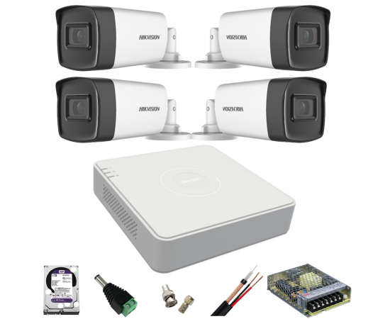 Kit de supraveghere hikvision cu 4 camere de 2 megapixeli, infrarosu 40m, dvr cu 4 canale și accesorii incluse