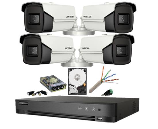 Kit supraveghere 8mp (4k) hikvision 4 camere ir 80m lentilă 3.6mm dvr acusense 4 canale smart playback hdd 2 tb accesorii