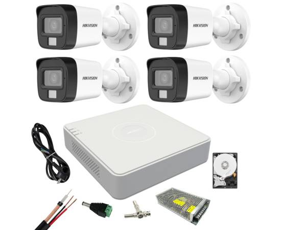 Kit supraveghere hikvision 4 camere dual light, 2mp lumina alba 20m ir 30m dvr 4 canale 4 mp lite hard 500, accesorii