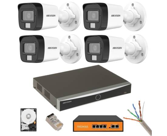 Kit supraveghere hikvision 4 camere ip 8mp dual light ir 30m lumină albă 30m microfon nvr 12mp 4 canale hdd accesorii incluse