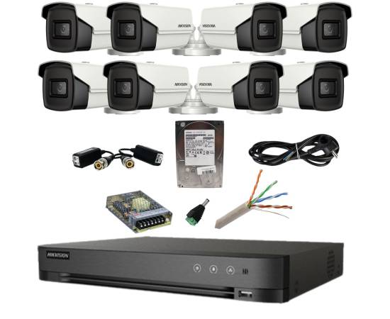 Kit supraveghere hikvision 8 camere 4in1 8 megapixeli ir 80m lentilă 3.6mm dvr acusense 8 mp hard disk 1 tb, accesorii