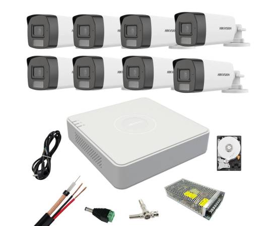 Kit supraveghere hikvision 8 camere dual light 5 mp lumina alba 40 ir 40 dvr 8 canale 4 mp hard, accesorii incluse