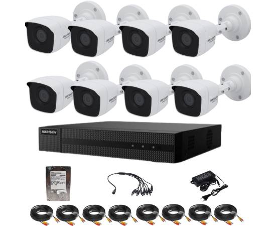 Kit supraveghere hikvision seria hiwatch 8 camere 5 megapixeli ir 20m dvr 8 canale hard 1tb accesorii incluse