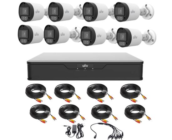 Kit supraveghere uniview cu 8 camere 5 megapixeli lumina alba 40m microfon, dvr 5 megapixeli, accesorii incluse