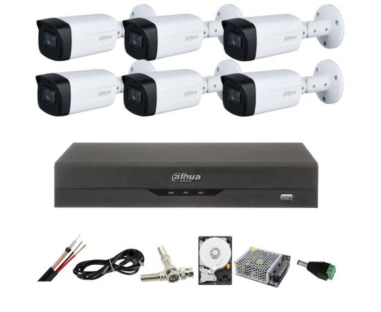 Sistem de supraveghere dahua cu 6 camere 5 mp ir 80m lentila 3.6mm starlight, dvr dahua 8 canale 8mp hard accesorii incluse