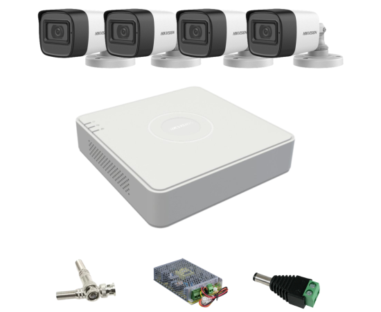 Sistem de supraveghere hikvision cu 4 camere de 2 megapixeli, lentila 2.8mm, infraroșu 30m, microfon, dvr cu 4 canale 4mp lite, accesorii incluse