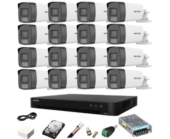 Sistem supraveghere 16 camere hikvision 5mp dual light ir 40m wl 40m dvr 8mp cu accesorii hdd 4tb