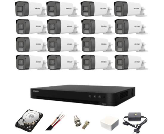 Sistem supraveghere 16 camere hikvision 5mp dual light ir 40m wl 40m dvr acusense 8mp cu accesorii incluse hdd 4tb