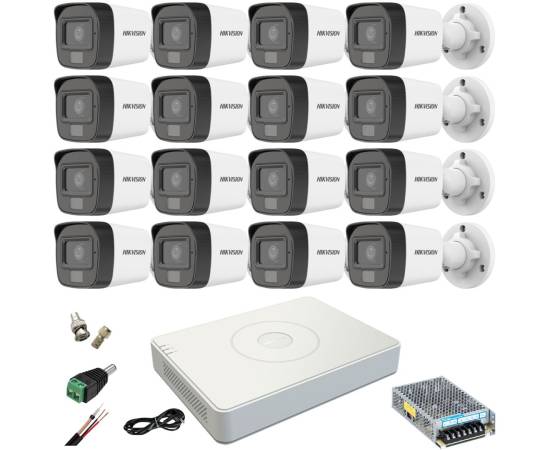 Sistem supraveghere hikvision 16 camere 5mp dual light ir 25m wl 20m dvr acusense 4mp cu accesorii incluse