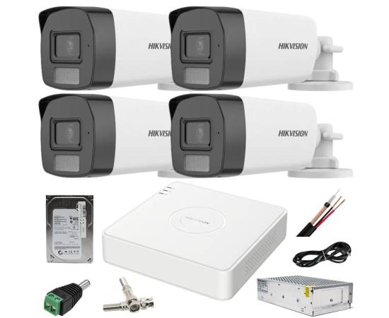 Sistem supraveghere hikvision 4 camere 2mp dual light ir 40m wl 40m dvr 4mp acusense cu accesorii incluse hdd 500gb