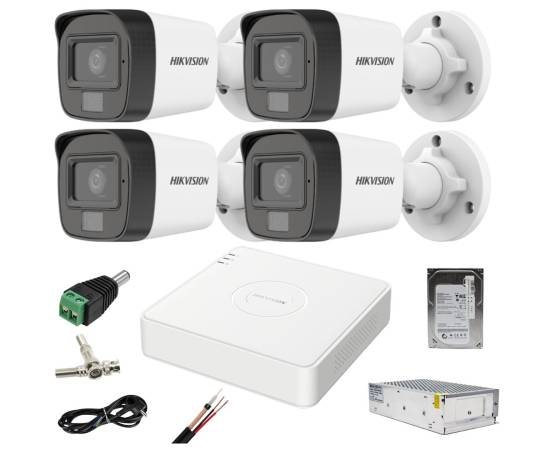 Sistem supraveghere hikvision 4 camere 2mp dual light wl 20m ir 25m dvr 4mp acusense cu accesorii incluse hdd 500gb