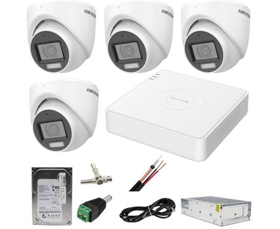 Sistem supraveghere hikvision 4 camere 2mp dual light wl 20m ir 30m dvr 4mp acusense cu accesorii incluse hdd 500gb