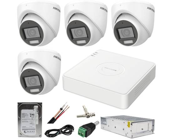 Sistem supraveghere hikvision 4 camere 5mp dual light ir 30m wl 20m dvr 4mp acusense cu accesorii incluse hdd 500gb