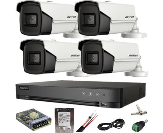 Sistem supraveghere hikvision 4 camere 8mp ir 80m dvr 4k acusense cu accesorii incluse si hdd 1tb