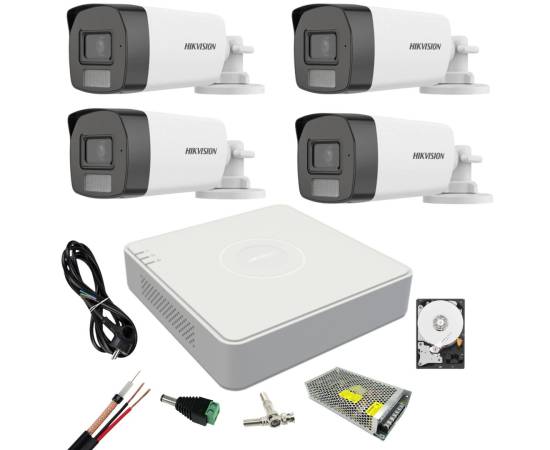 Sistem supraveghere hikvision 4 camere dual light 5 mp cu microfon lumina alba 40 m ir  dvr 4 canale 4 mp lite, accesorii si hdd inclus