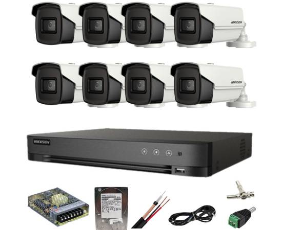 Sistem supraveghere hikvision 8 camere 8mp ir 80m dvr 4k acusense 8mp cu accesorii si hdd 1tb inclus