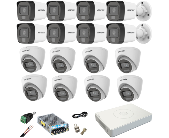 Sistem supraveghere mixt 16 camere hikvision 2mp dual light dvr 4mp cu accesorii incluse