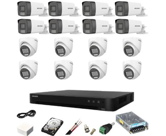 Sistem supraveghere mixt 16 camere hikvision 5mp dual light dvr acusense 8mp cu accesorii incluse hdd 4tb