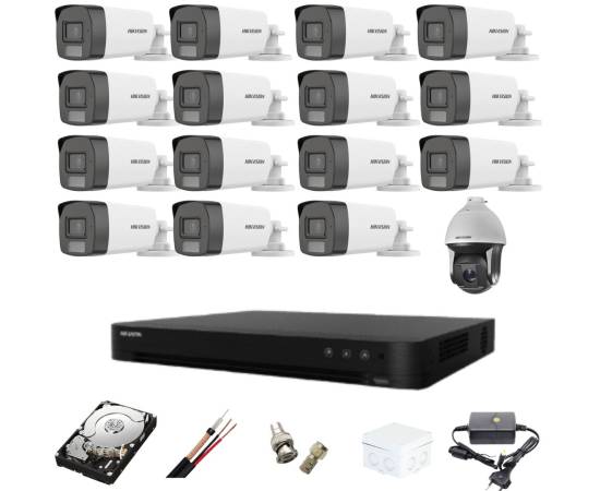 Sistem supraveghere mixt 16 camere hikvision dual light dvr acusense 8 mp cu accesorii incluse hdd 4tb